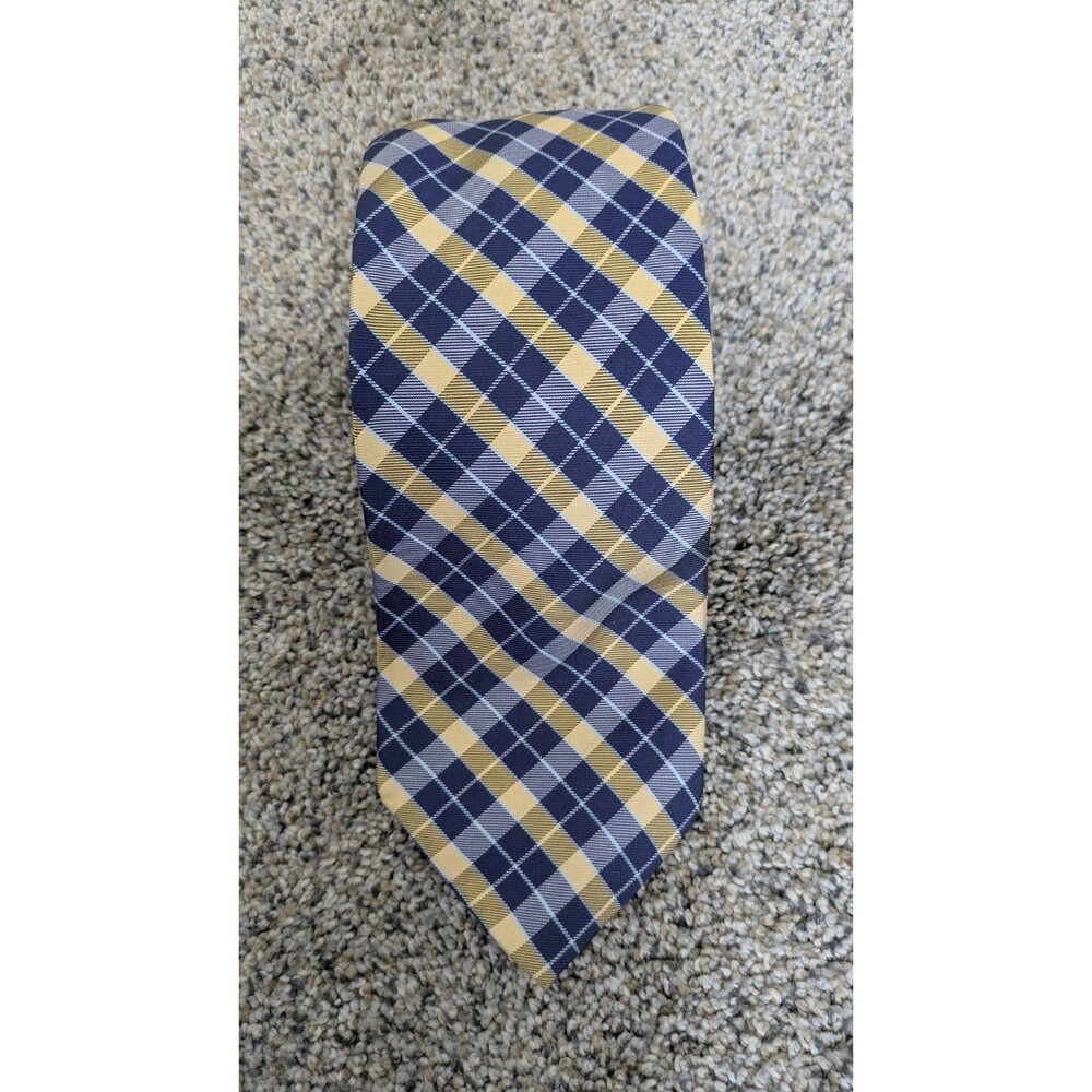 Men's 100% Silk Plaid Navy Blue Yellow Tie Ivy League Preppy Academia Collegiate